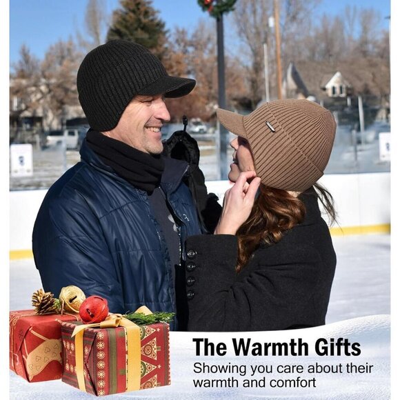 Men & Women Maroon Beanie with Brim and Ear Flaps Fleece-Lined Hat